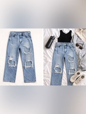 American Eagle Curvy 90s Straight Jeans Womens 6 Distressed High Rise Grunge Mom